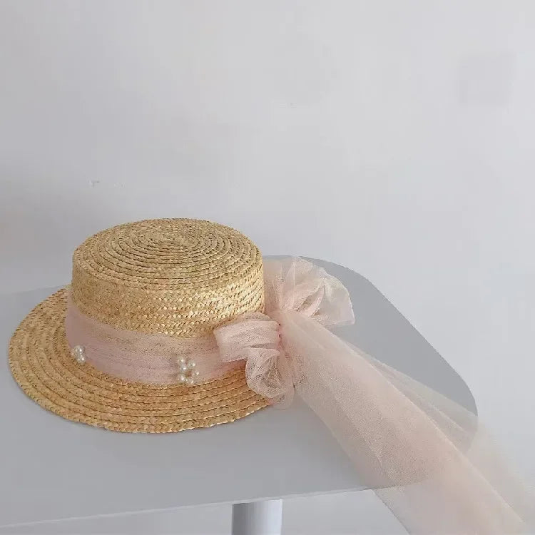 Elegant Fashion Mother Daughter Sunhats Lace Mesh Pearls Hat Cap Outdoor Beach Sunprotection Summer Straw Hat for Adult and Girl