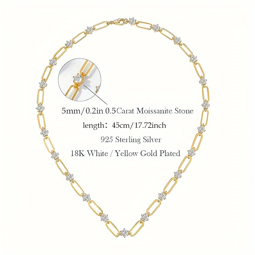 1pc S925 Silver Plated 18K Gold 12CT Moissanite Hip Hop Simple Unisex Paper Clip Necklace, Moissanite Gemstone Jewelry | Gifts f