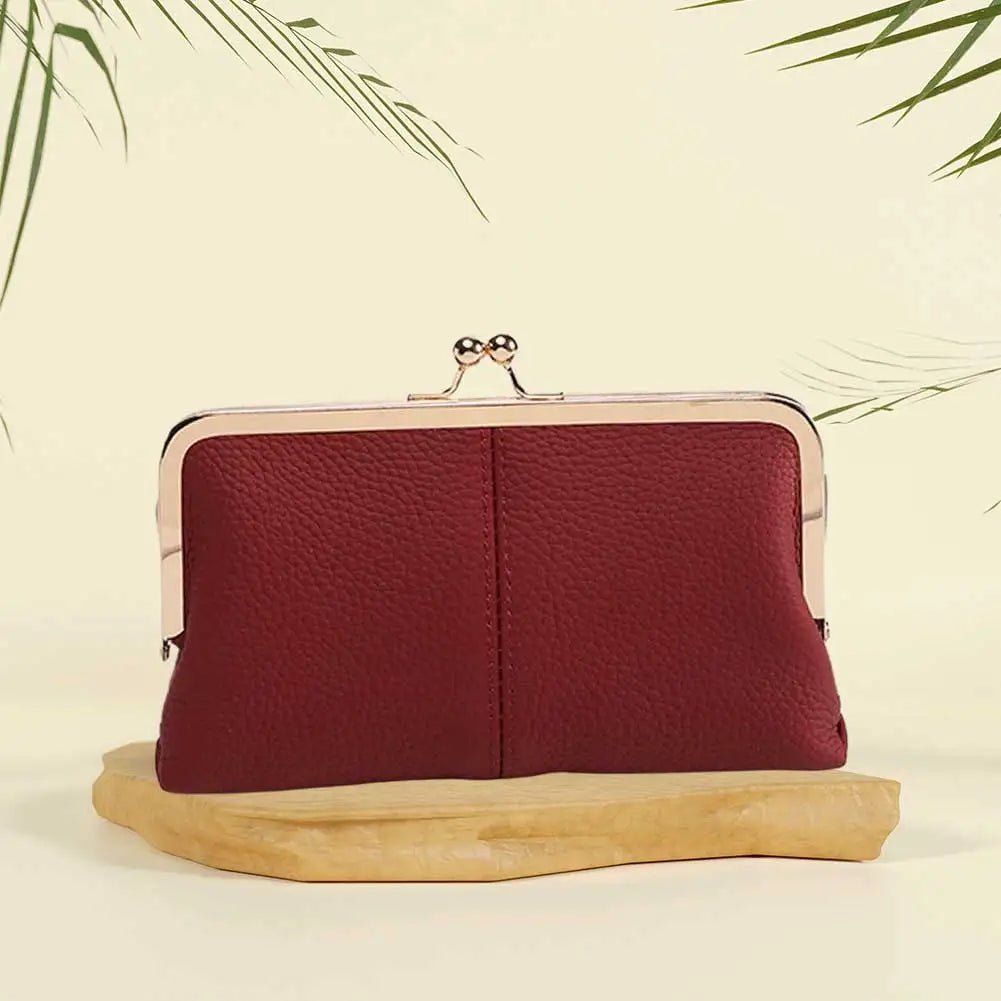 Genuine Leather Vintage Kiss Lock Wallet Large Capacity Long Card Holder Double Clip Travel Wallet Key Card Storage Bag