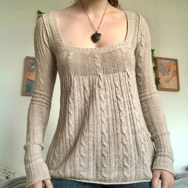 2000s Vintage Long Sleeve Babydoll Knitted Sweater Tops Cottage Milkmaid Pullovers Aesthetic Grunge Y2k Knitwear T-shirts Women