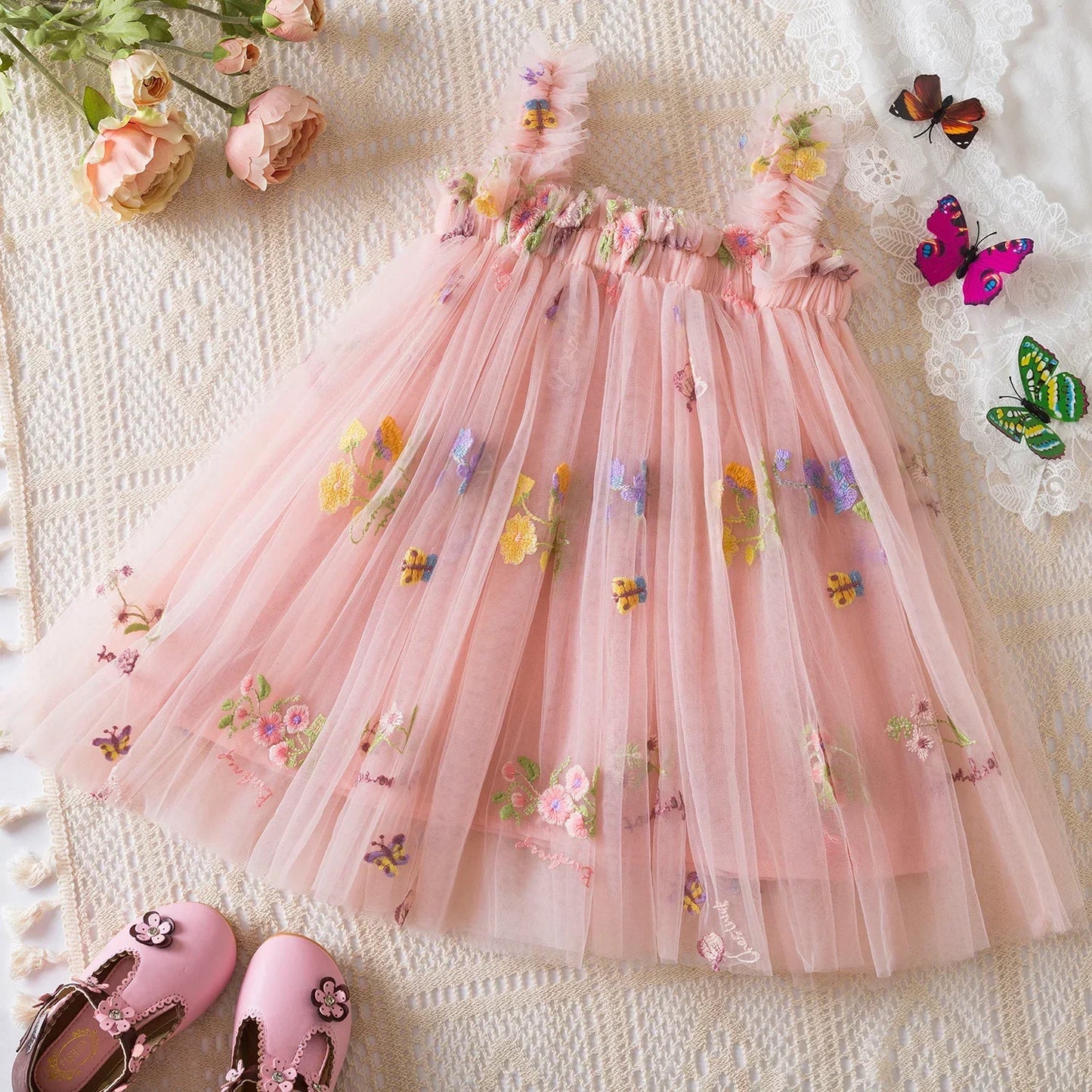Summer Girls' Princess Party Birthday Dress Sweet Baby Girls Dress Back Bow Wings Fairy Strap Embroidered Butterfly Mesh Dress