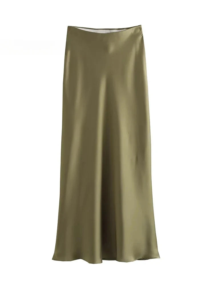 Willshela 2025 Black Satin Skirt Woman High Waist Elegant Long Skirts For Women Fashion Summer Midi Skirt Office Women's Skirts