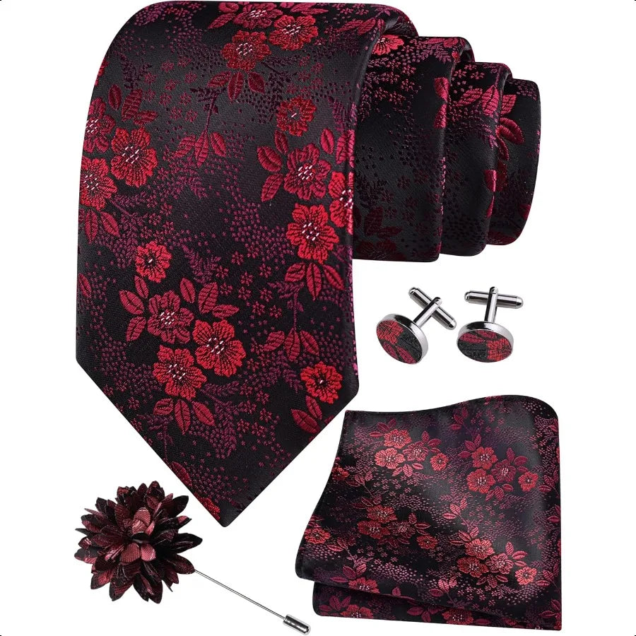 GUSLESON 3.15" 8cm Mens Floral Tie and Lapel Pin Necktie Hankerchief Cufflinks Set for Men