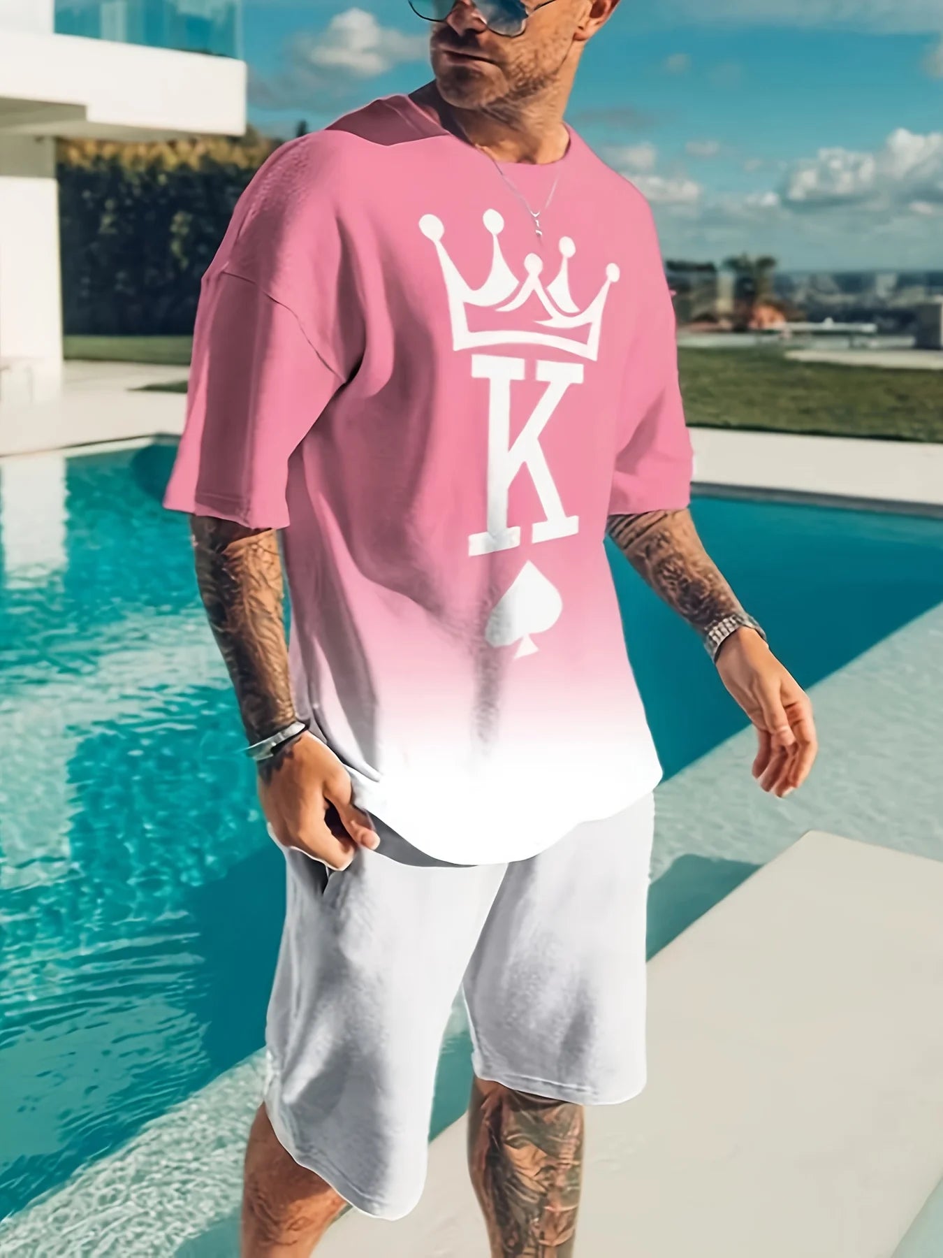 Men's trendy round neck short-sleeved shorts two-piece suit, 3D digital printing high-definition pattern, summer leisure and com
