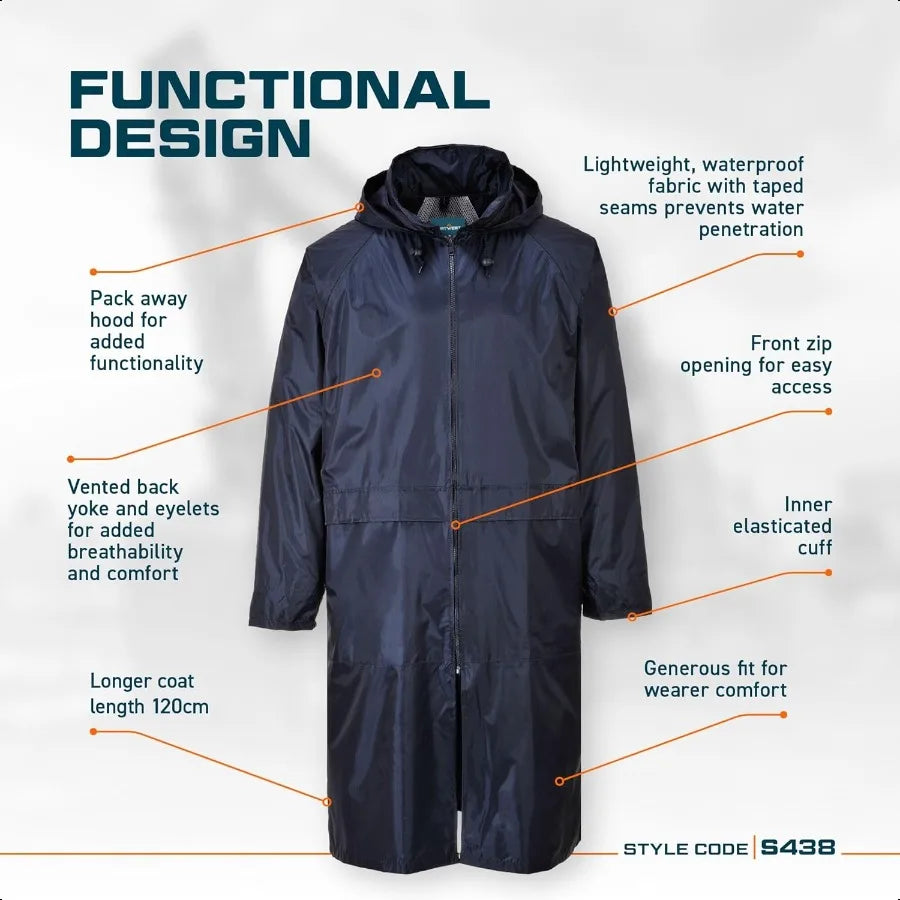 Portwest Classic Rain Coat Adult Waterproof Long Protection Hooded Work Wear Trench