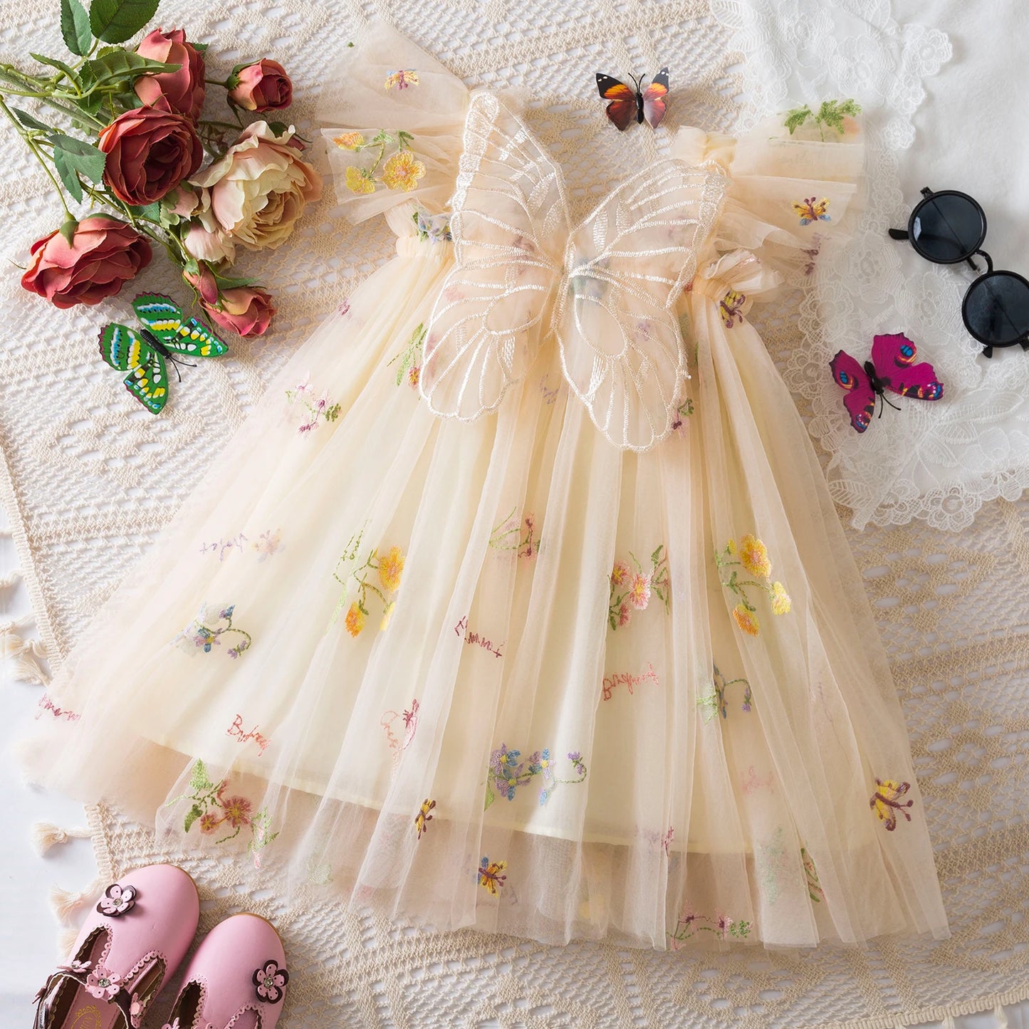 Summer Girls' Princess Party Birthday Dress Sweet Baby Girls Dress Back Bow Wings Fairy Strap Embroidered Butterfly Mesh Dress