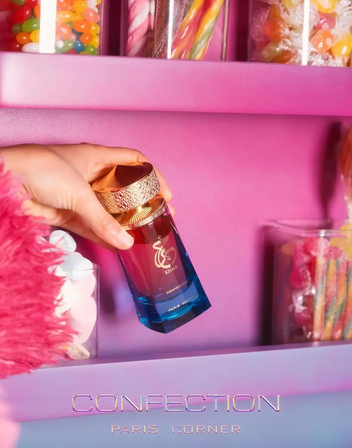 Khair Confection Perfume by Paris Corner, Luxury Fragrance with Gradient Red and Blue Bottle, Gold Cap