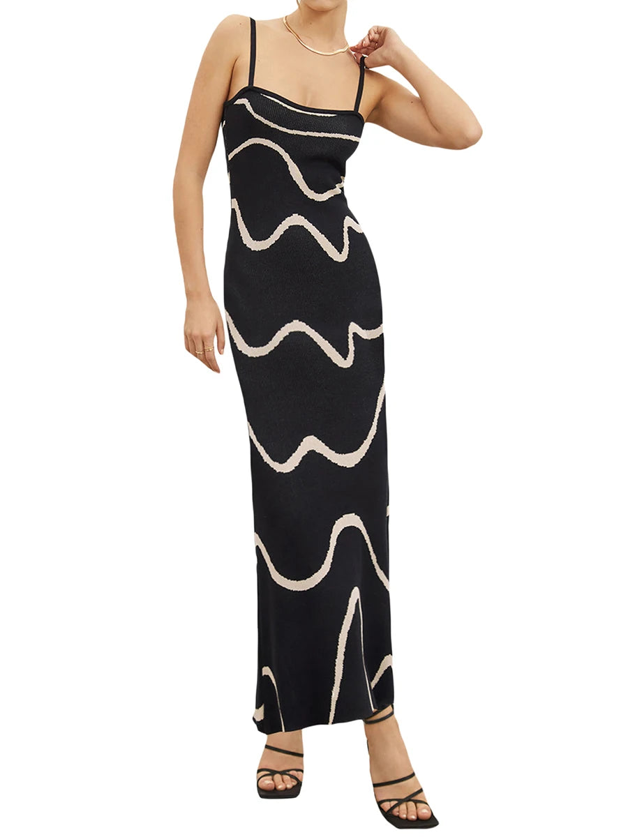Women s Summer Cami Knit Dress Wavy Print Spaghetti Strap Open Back Party Midi Dress