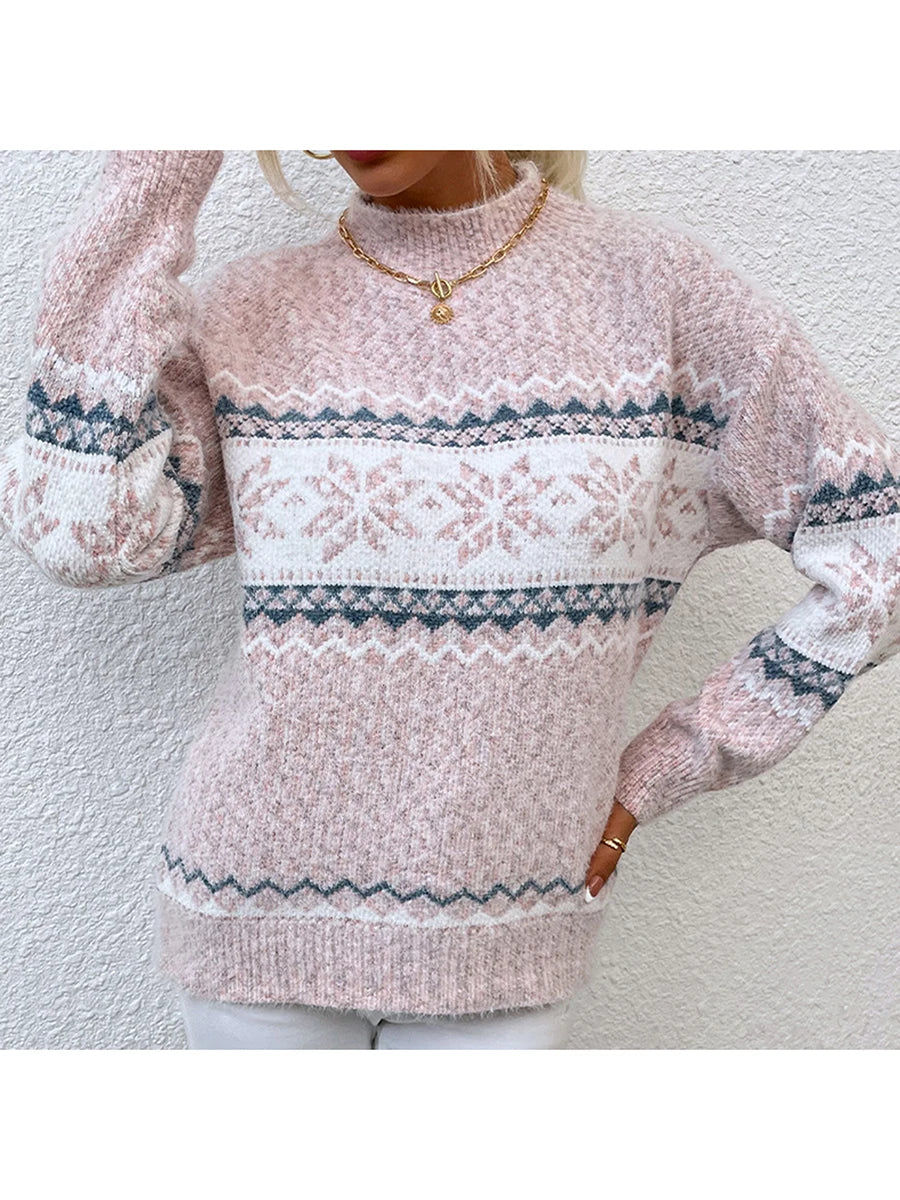 Women s Loose Christmas Sweater Cartoon Snowflake Print Long Sleeve Half High Neck Pullover Holiday Knitwear
