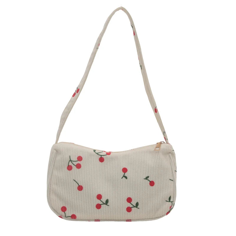 Women Girls Corduroy Cherry Underarm Bag Zipper Closure Purse Tote Cute Purse Shopper Bag for Work Travel
