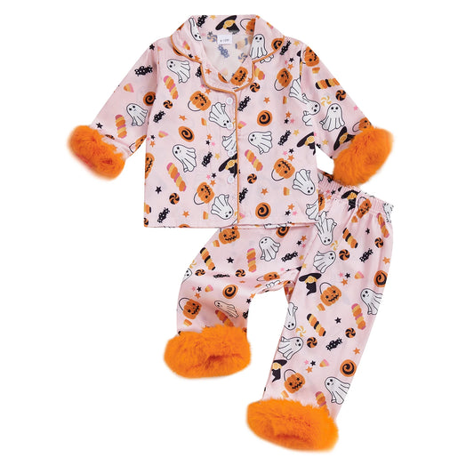 Kids Halloween Satin Pajamas Set Witch Print Lapel Long Sleeve Button Down Tops with Pants Sleepwear for Little Girls
