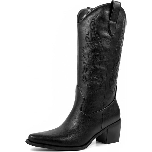 Cowboy Boots for Women - Cowgirl Western Mid Calf Boots with Embroidery, Pointed Toe Retro Chunky Heel Slip On Fashion Classic S