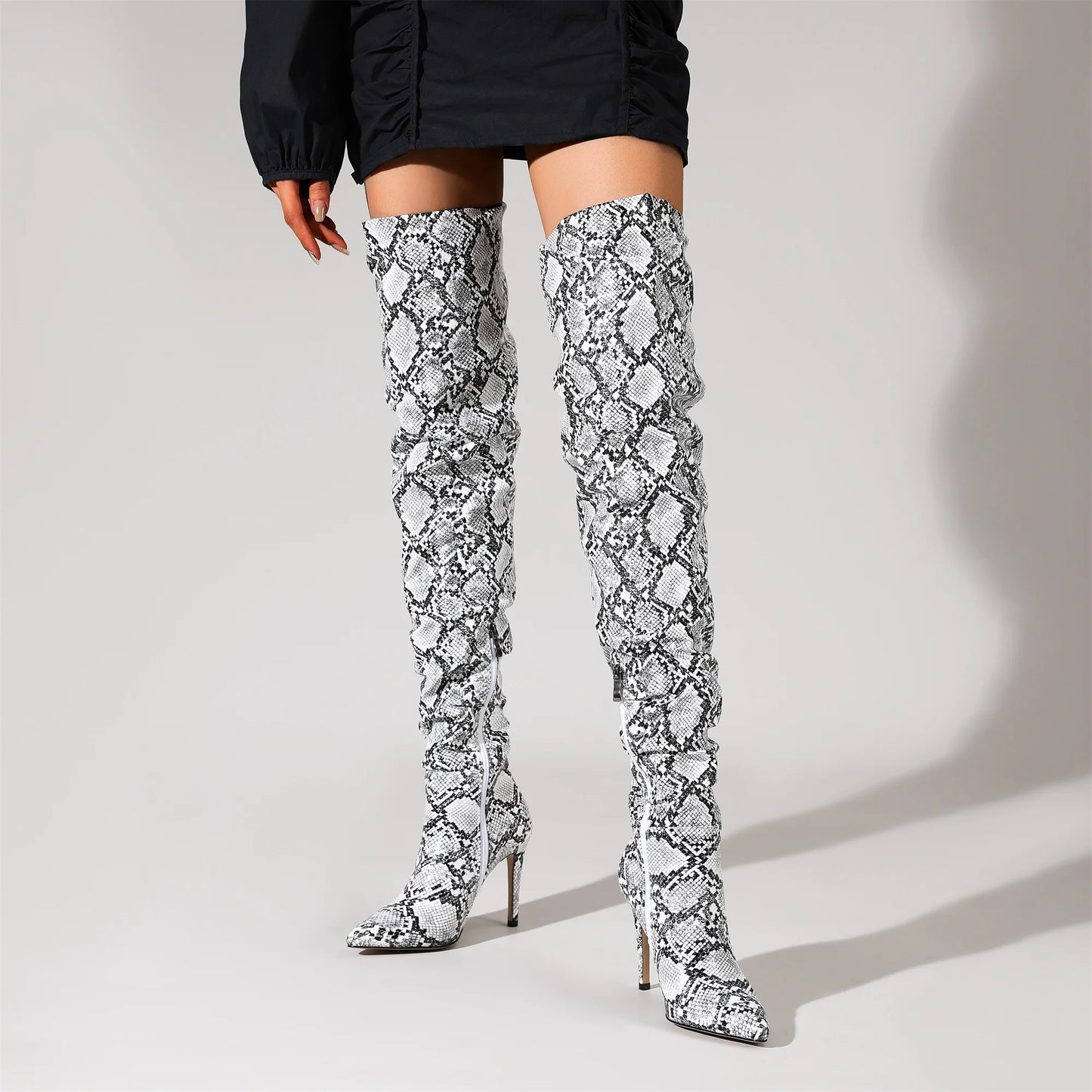 Snakeskin Boots knee high boots women Sexy Stunning and Stylish Exquisite Pointed Toe Fine High Heels Pleated