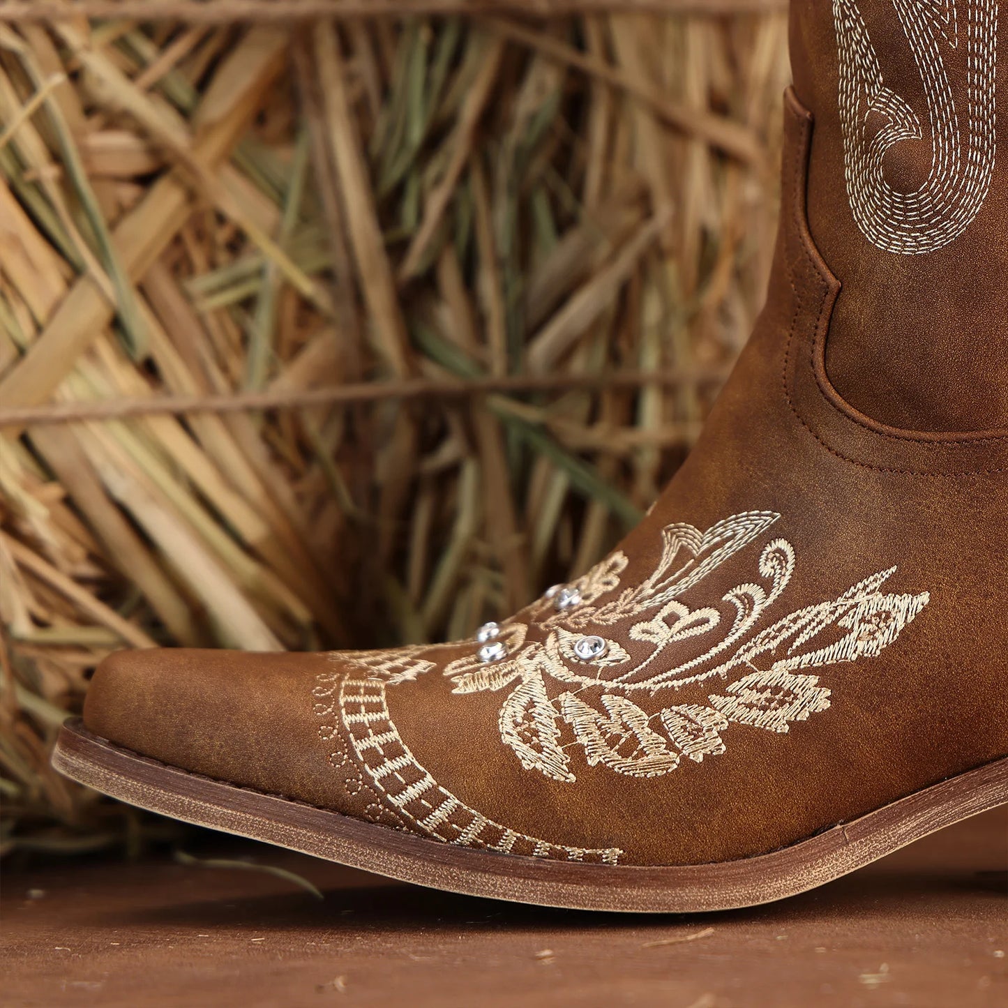 Cowboy Boots for Women - Wide Calf Knee High Western Cowgirl Boots, Sparkly Rhinestone Retro Country Boots Brown