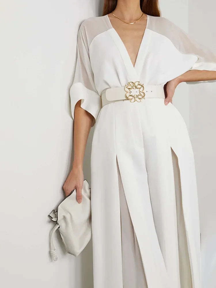 2025 New White Elegat One-piece Suit for Urban Women V-neck Mesh Patchwork Raglan Sleeve Belted Wide Leg Jumpsuit Party Overall