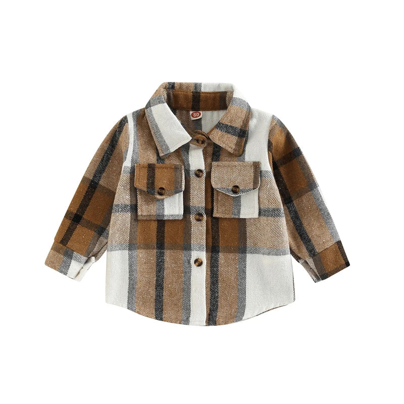 Children s Plaid Shirt Jacket with Lapel Collar Long Sleeves and Button-Up Front - Stylish Coat for Boys and Girls