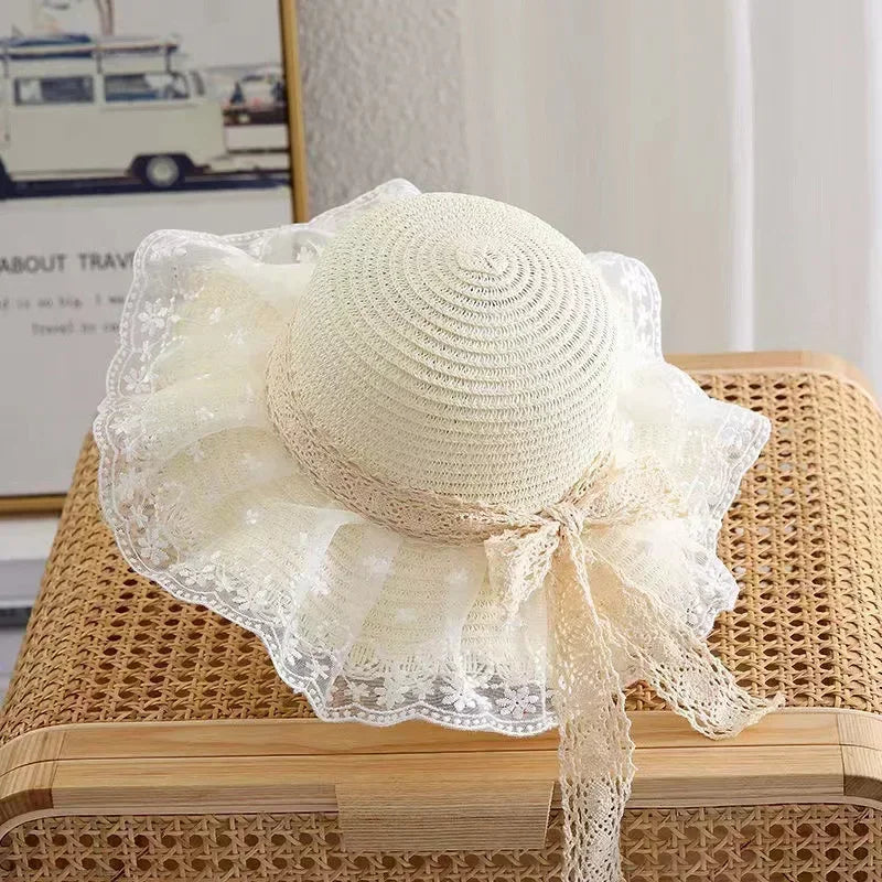 Summer Baby Girl Straw Hat Solid Color Lace Ruffle Kids Fisherman Cap Outdoor Beach Caps Sunshade Wide-brim Bucket Hats