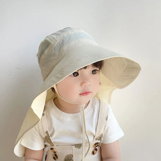 Solid Color Summer Sun Hat for Boy Girl Korean Big Brim Fisherman Cap Kids Quick Dry Mesh Anti UV Beach Cap with Neck Cover