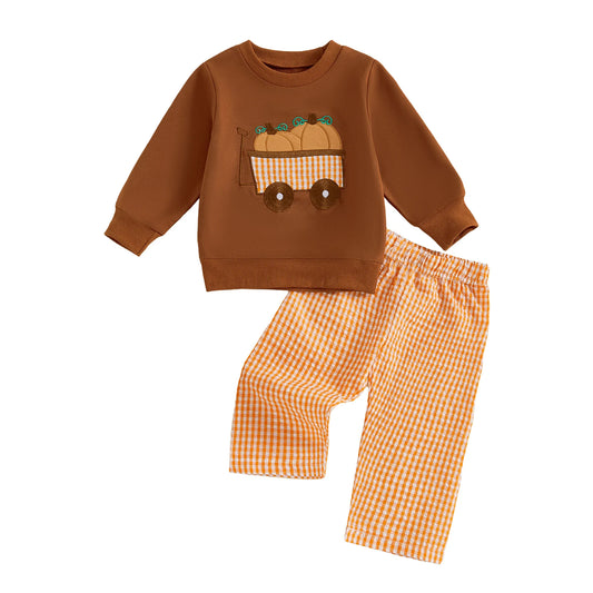 Adorable Toddler Boy Halloween Costume Set with Pumpkin Embroidery and Elastic Waist Pants for a Spooky Look