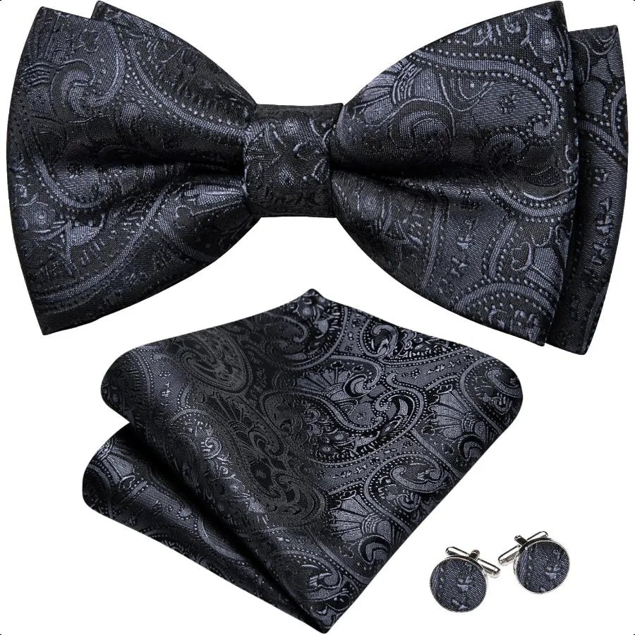 Barry.Wang Paisley Striped Bow Tie for Men Silk PreTied Bowtie Pocket Square Cufflinks Set Formal Wedding Party Prom