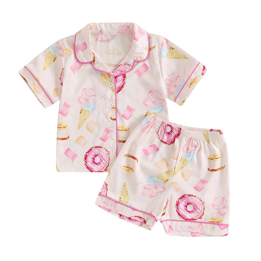 Boys 2PCS Pajama Sets Long Sleeve Lapel Button Up Dinosaur Robot Spaceship Truck Print Shirt Shorts Sleepwear