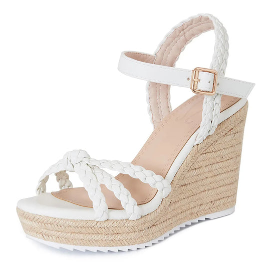 GIGIFOX Straw Woven High Wedges Heel Waterproof Platform Women High-heeled Sandals Round Toe ThicK Buckle Strap Bohemia Shoes