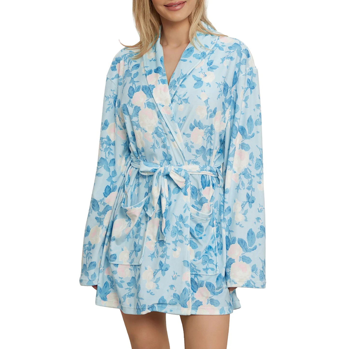 Women s Elegant Floral Print Long Sleeve Belted Robe with Lapel Collar and Convenient Pockets for Spring and Autumn Nights