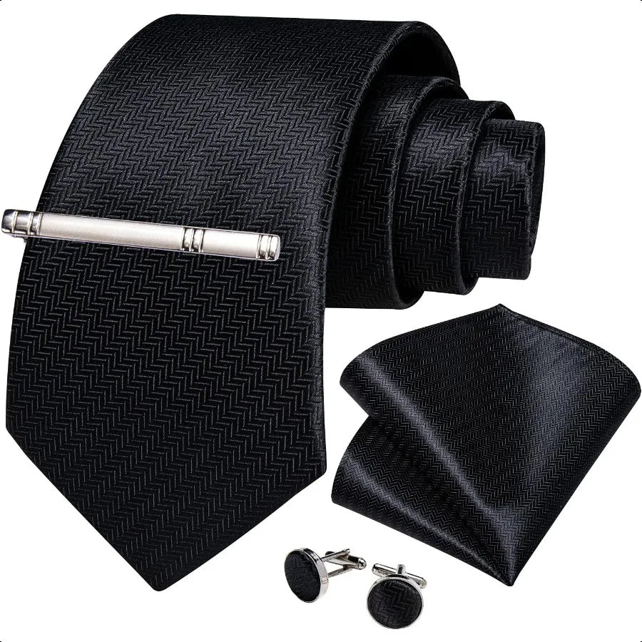 DiBanGu Mens Silk Necktie Solid Color Tie and Pocket Square Cufflink Tie Clip Set Woven Plain Ties for Men Wedding Party