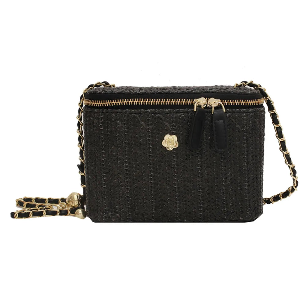 Women Weaving Beach Handbag with Chain Straw Bucket Satchel Bag Bohemian Top Handle Bag Ladies Summer Daily Bag