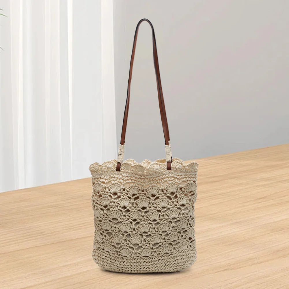 Women Seaside Knitting Beach Bag Large Capacity Hand Woven Tote Bag Wear Resist Crochet Handbag Travel Shopping Party Bag