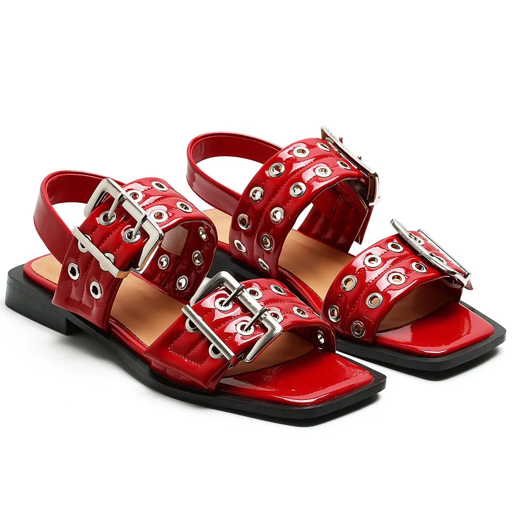GIGIFOX INS Brand New Buckle Strap Square Toe Flat Sandals For Women Metal Buckle Rivet Leisure Casual All-Match Flats Shoes