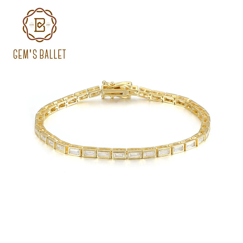 GEM'S BALLET Baguette Cut 2x4mm Eternity Bezel Moissanite Tennis Bracelet 925 Sterling Silver 14K Gold Bracelet Gift for Her
