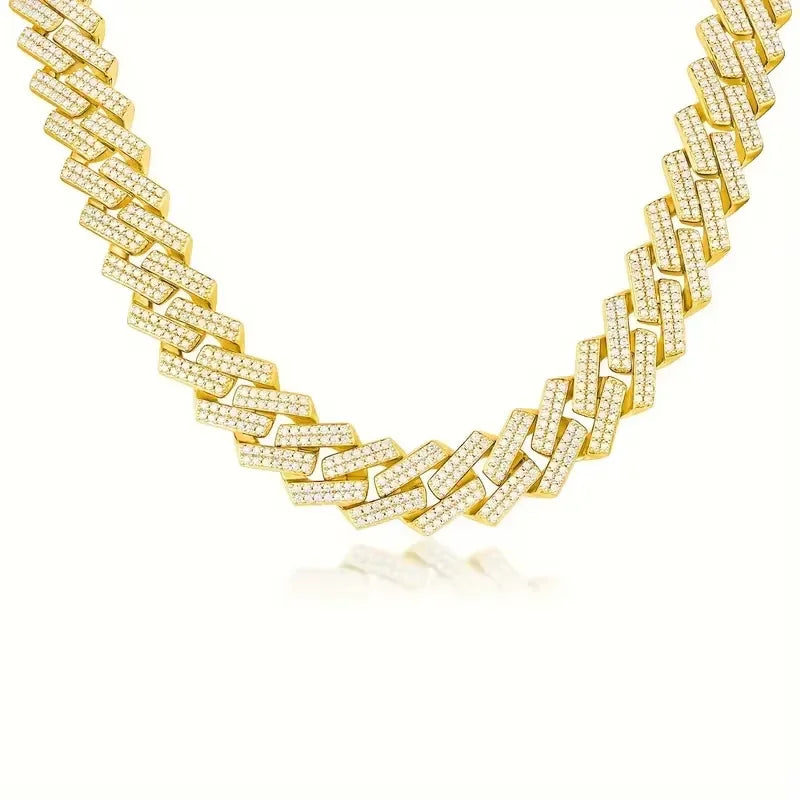 1pc Moissanite Necklace 925 Sterling Silver 18K Golden Plated Cuban Chain, Hip Hop Cuban Necklace Cuban Clavicle Chain For Men