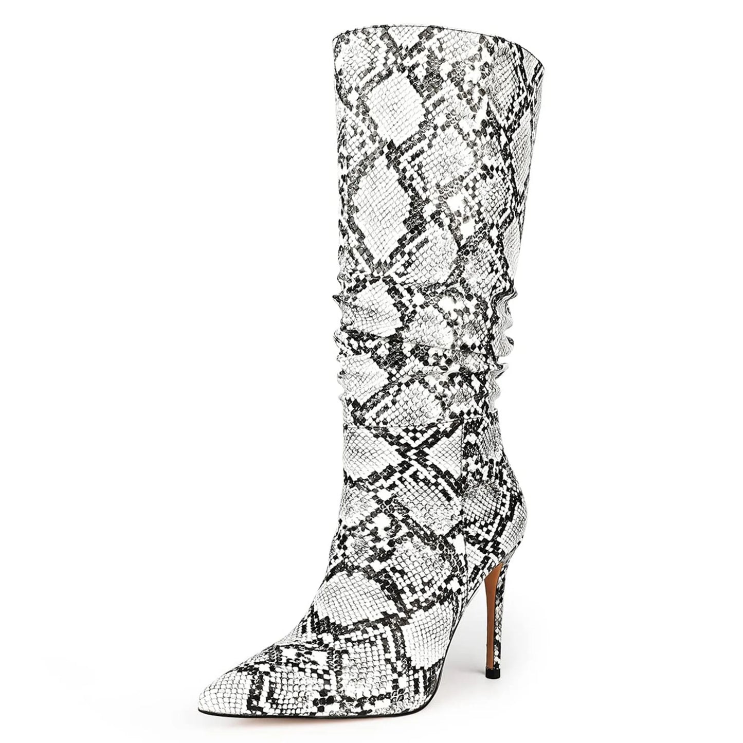 Snakeskin Boots knee high boots women Sexy Stunning and Stylish Exquisite Pointed Toe Fine High Heels Pleated