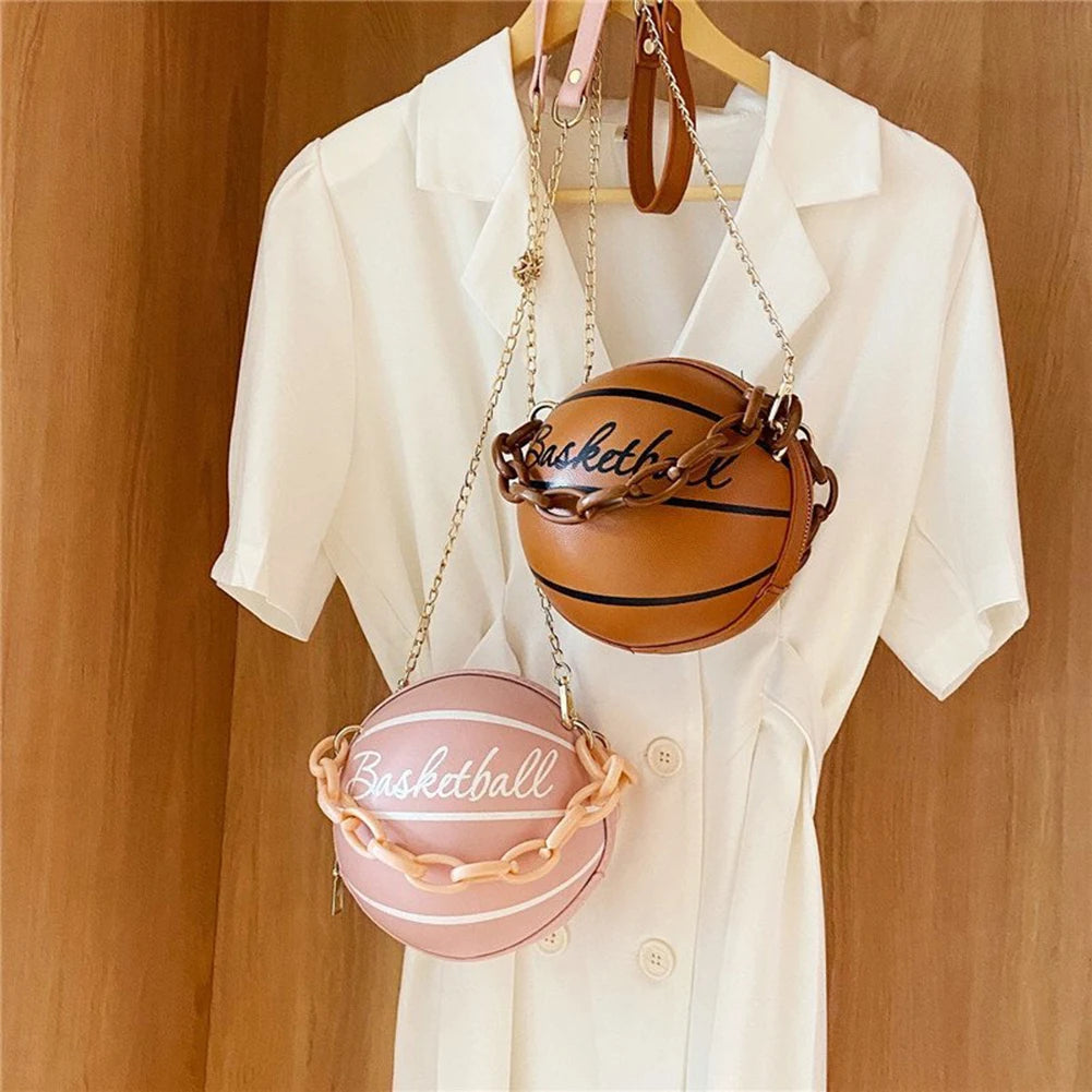 Women Basketball Shaped Cross Body Messenger Bag Zipper PU Leather Mini Shoulder Bag Basketball Purse for Girls Women
