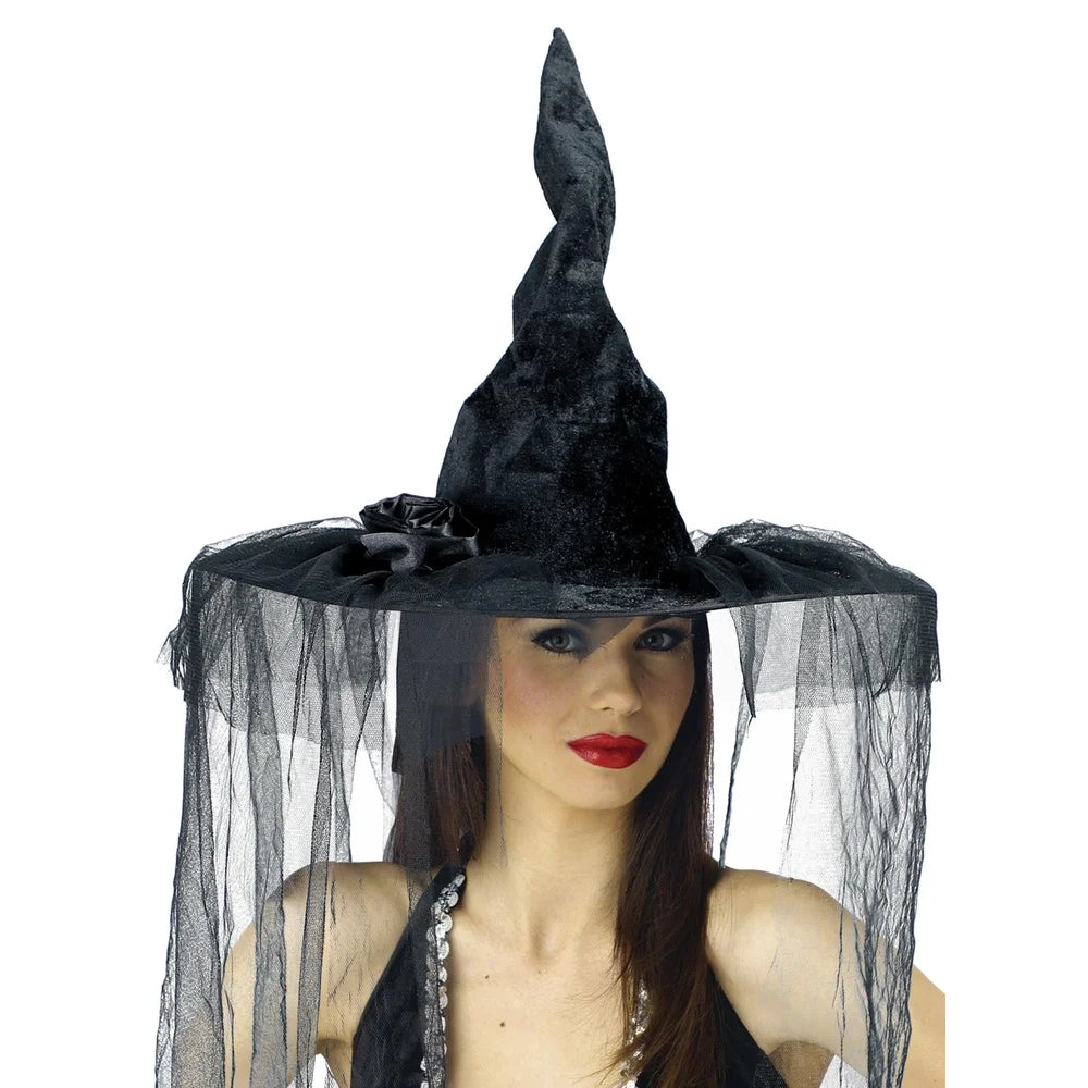 Deluxe Adult Halloween Witch Hat with Adjustable Band Chiffon Veils Beads Elegant Design One Size Fits Most