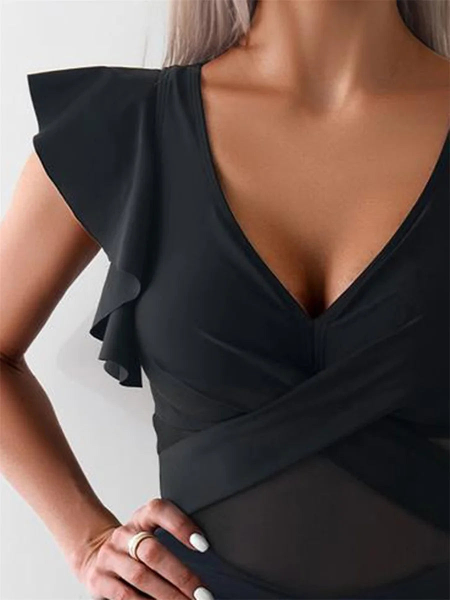 Women s Swimsuit with Front Cross Design and Ruffled Sleeves V Neck Quick-Drying Bathing Suit for Beach