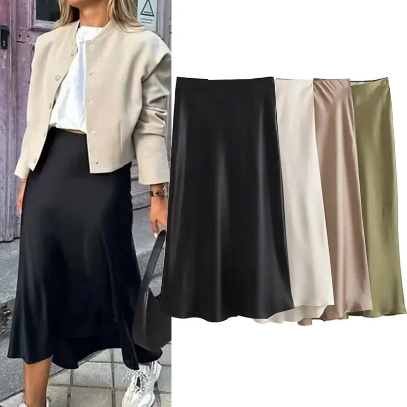 Willshela 2025 Black Satin Skirt Woman High Waist Elegant Long Skirts For Women Fashion Summer Midi Skirt Office Women's Skirts