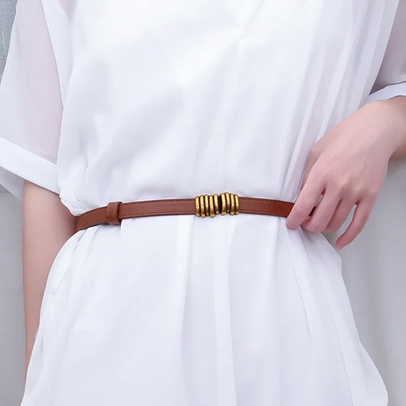 Thin Retro Gold Buckle Adjustable Women Belts Pu Leather Fashion Wild Skinny Waistbands Dress Jeans Pants Decorative Straps