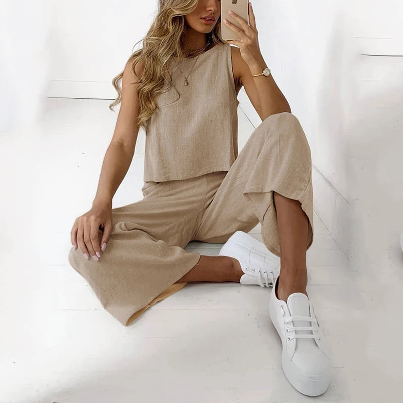Casual Women's Clothing Suit O Neck Two Pieces Set Loose Sleeveless Solid Color Wide Leg Simple Comfortable for Famale Outdoor