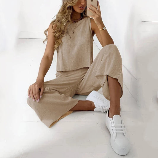 Casual Women's Clothing Suit O Neck Two Pieces Set Loose Sleeveless Solid Color Wide Leg Simple Comfortable for Famale Outdoor