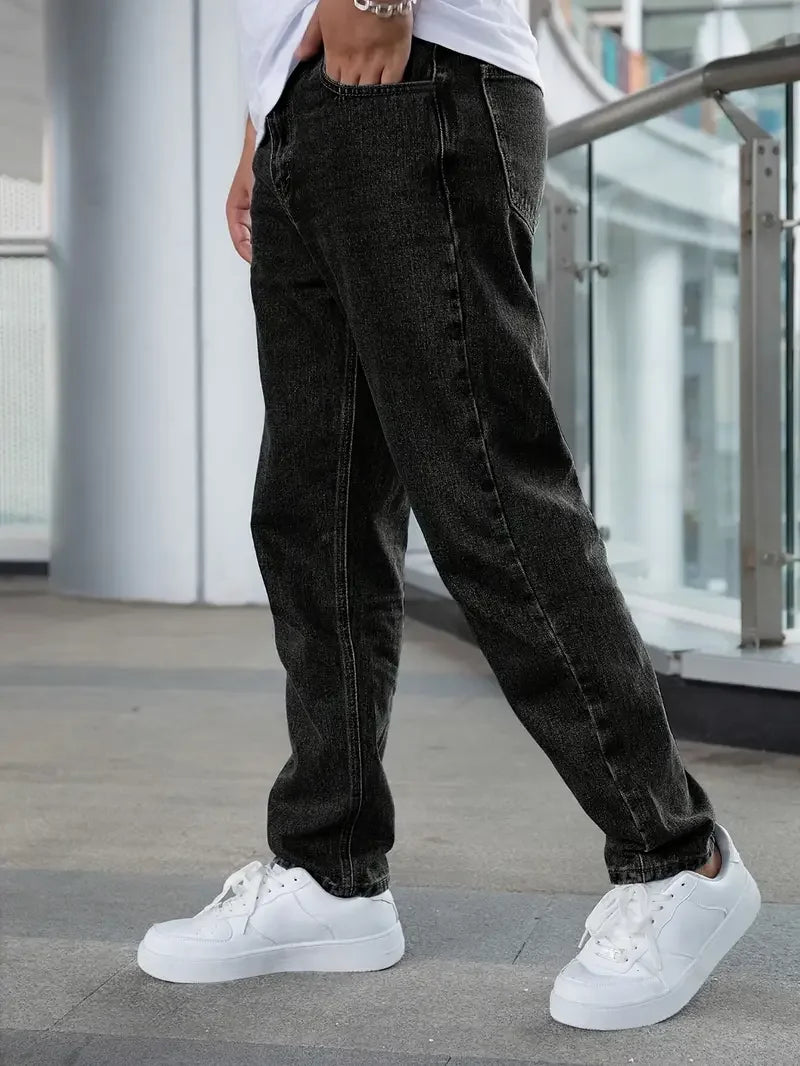 Men's Classic Black Washed Casual Jeans - Straight Leg Fit, Non-Stretch Denim, All-Season Wear, Comfortable & Stylish for Everyd
