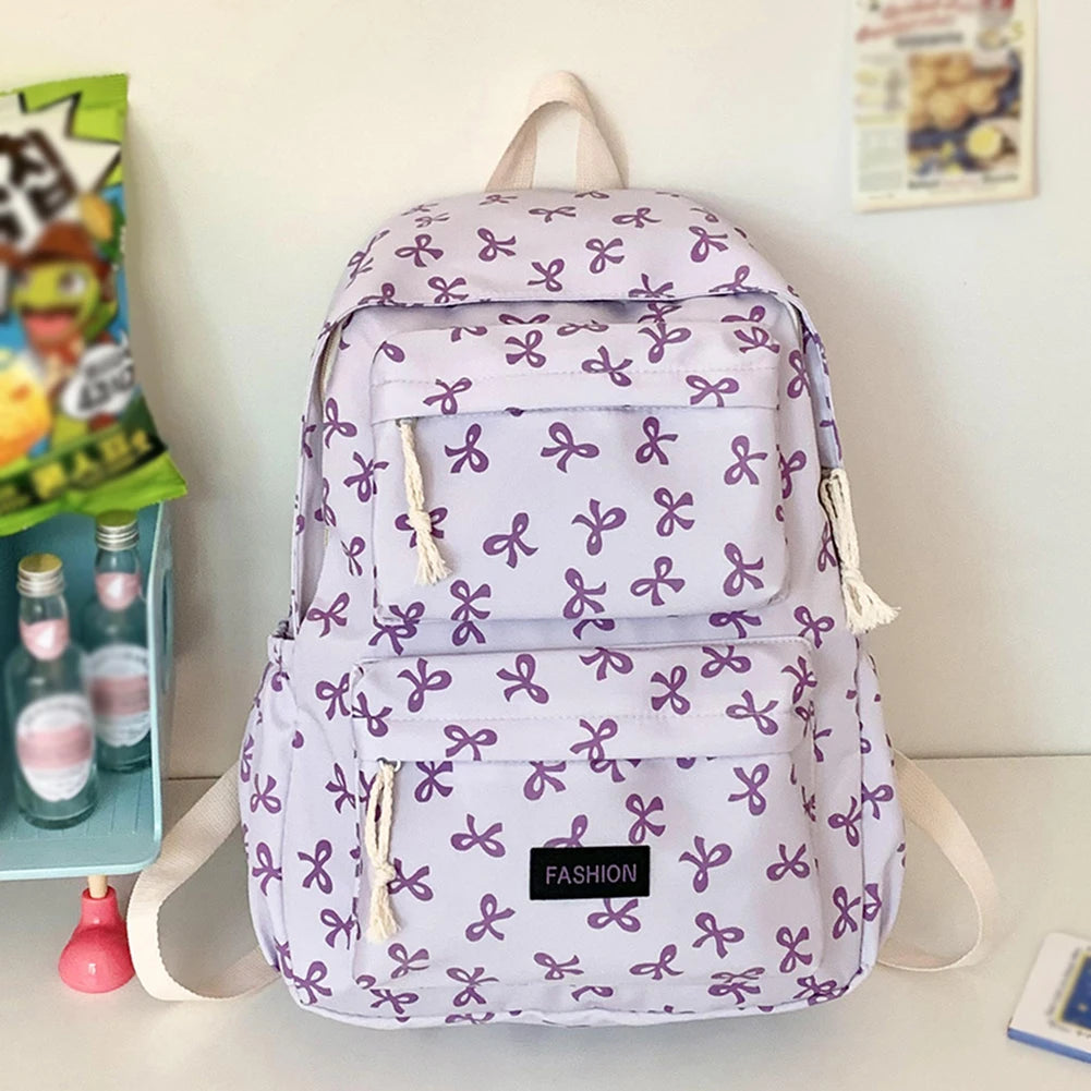 Bow Print Bookbag Preppy Travel Daypack Middle School Bag for Teen Girls