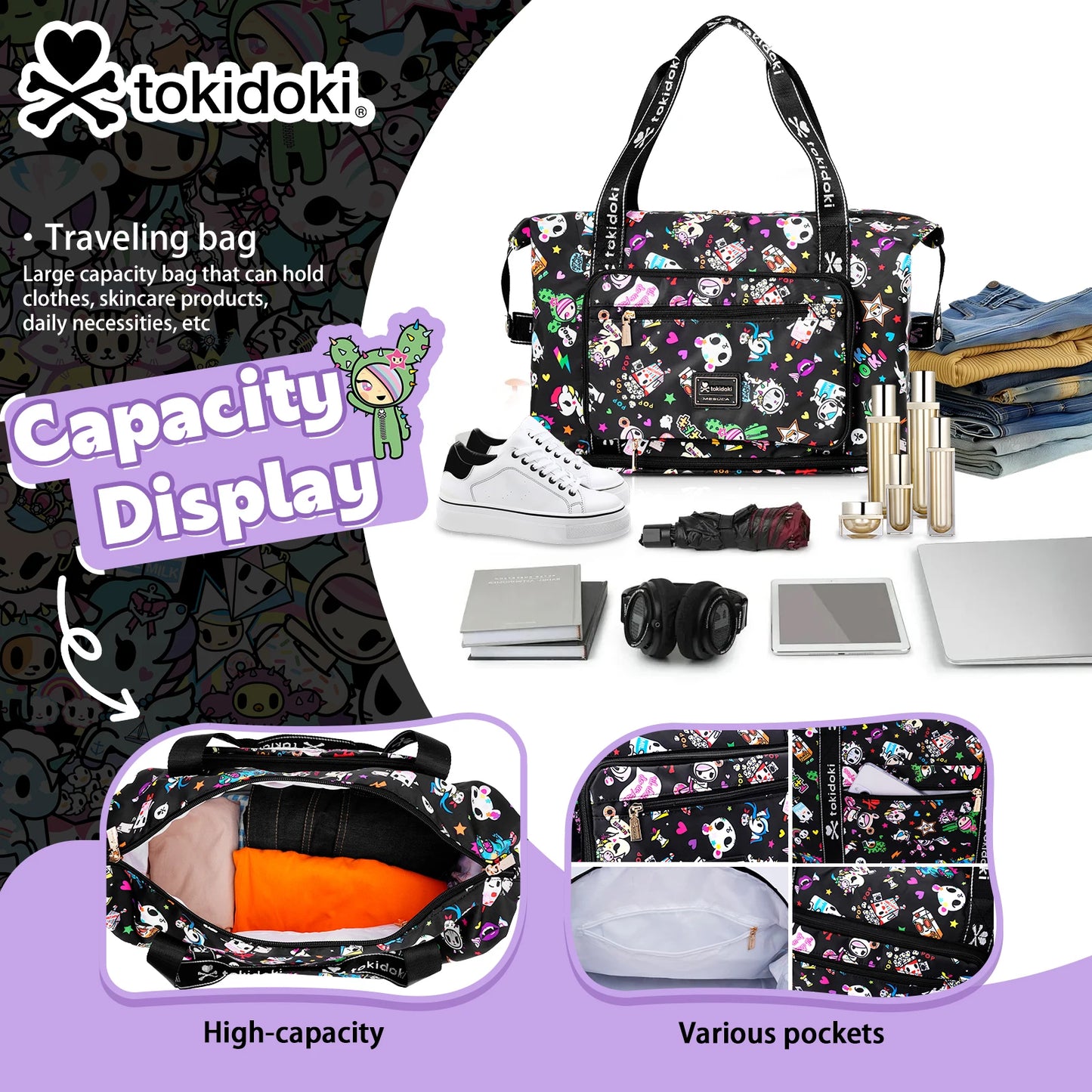 Tokidoki Unicorno Travel Luggage Bag for Short Trip Duffle Bag 40L Large Capacity Multi-functional Handbag for Sports Gym