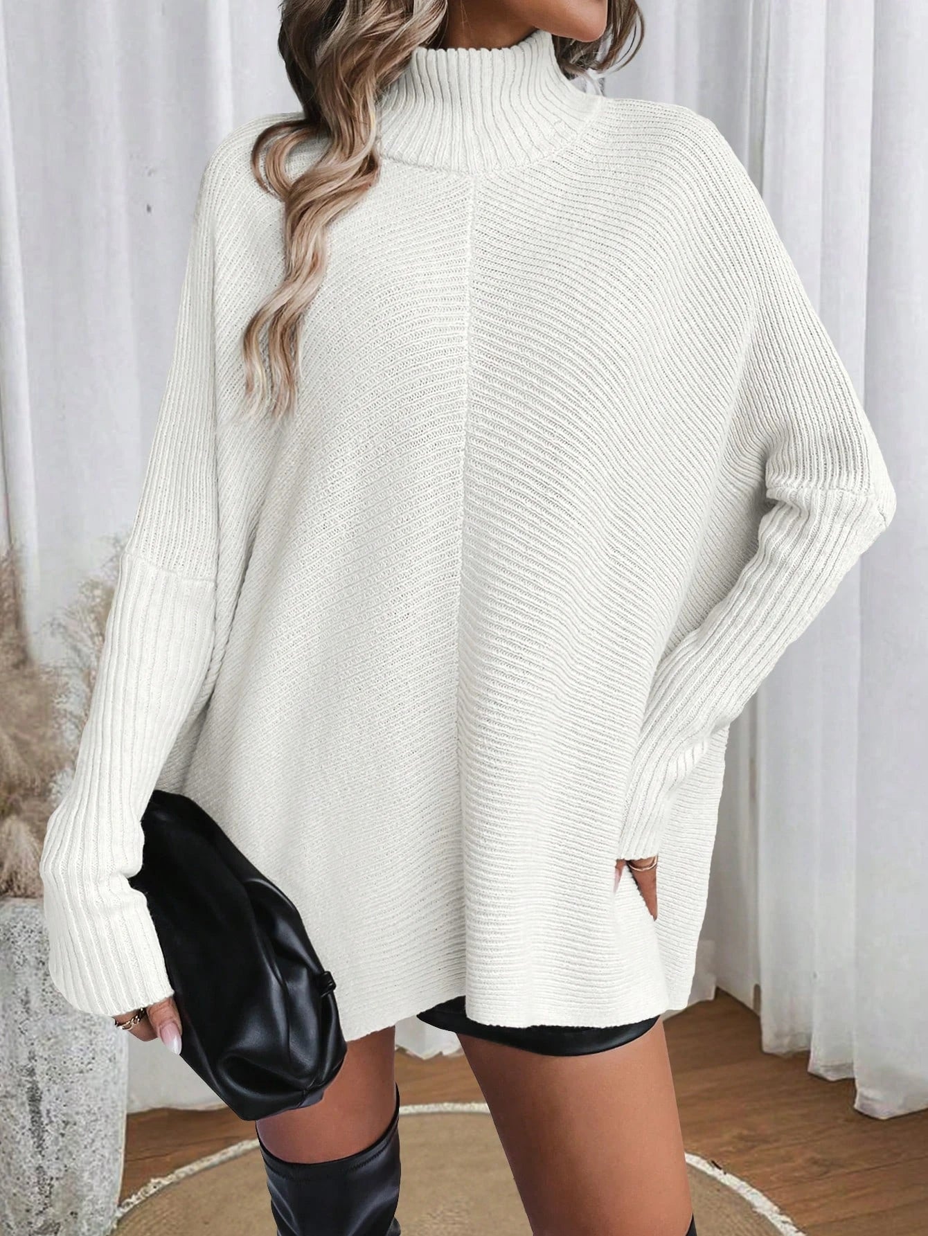 Autumn and Winter New Fashion Woman Sweater Irregular Hem Turtleneck Pullover Long Sleeve Knit Top