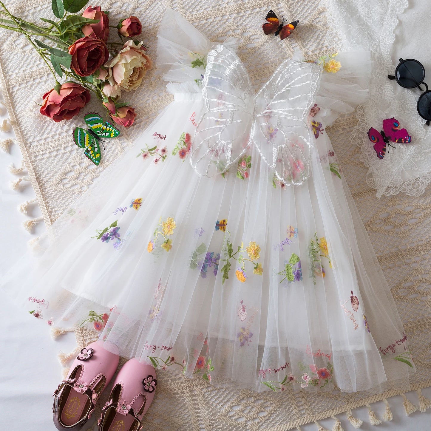 Summer Girls' Princess Party Birthday Dress Sweet Baby Girls Dress Back Bow Wings Fairy Strap Embroidered Butterfly Mesh Dress