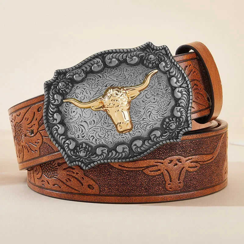 New Men's Western Cowboy Belt - Cool Handsome Black Faux Leather with Embossed Design and Stylish Alloy Buckle men belt