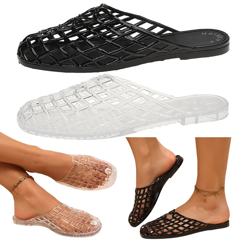 Women Jelly Flats Fashion Slip-On Flats Closed Toe Hollow Out Ballet Flats Lightweight Casual Flat Sandals for Summer Beach