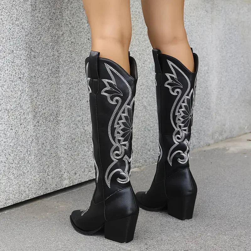 women's pointed toe knee high cowboy boots fashion embroider block chunky high heels western cowgirl boots