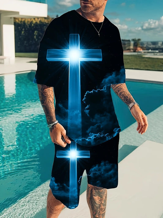 Men's trendy round neck short-sleeved shorts two-piece suit, 3D digital printing high-definition pattern, summer leisure and com